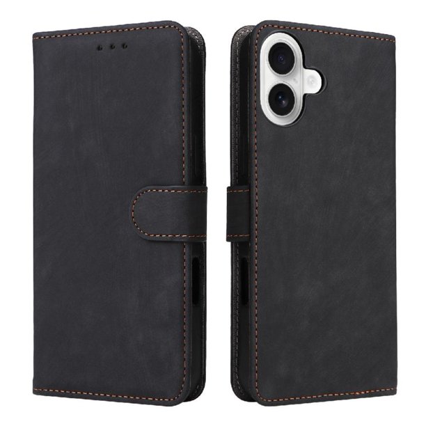 Funda Billetera para iPhone 16 Plus con Soporte - Cartera de Cuero con Ranuras Negro
