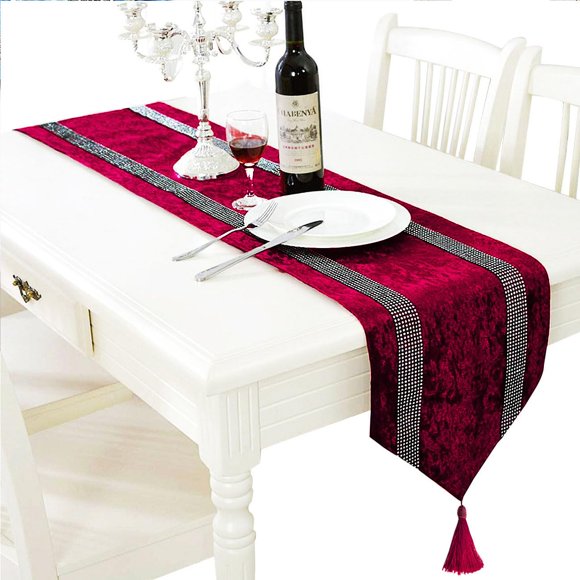 Caminero de Mesa Jiino 33x250 cm Burdeos con Lentejuelas y Terciopelo
