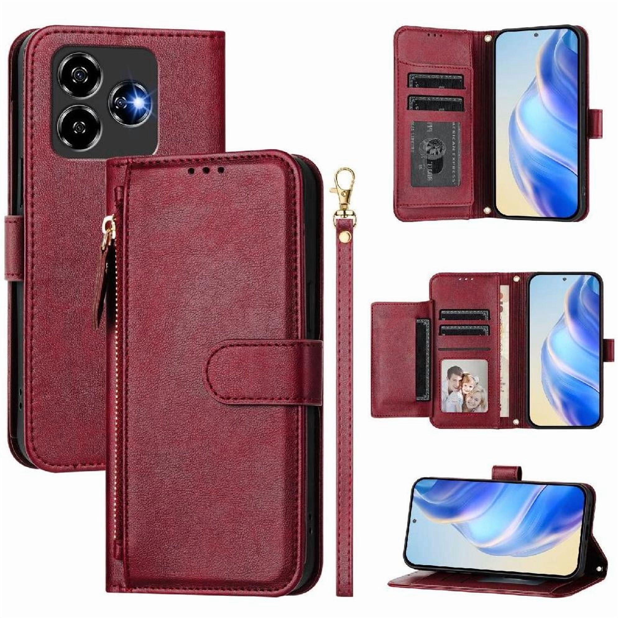 Foxdock - Funda Tipo Billetera Para Zte Axon 60 Lite Con Cremallera Portatarjetas Soporte Correa De Muñeca Cuero Rojo
