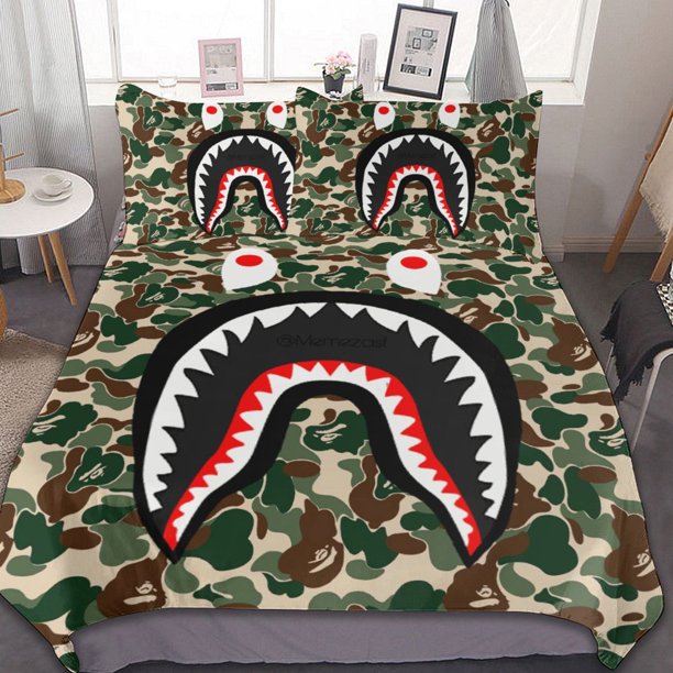 Hip Hop Camouflage Bape SharkBedding Sets 3 Pieces Warm Soft Duvet Cover Set for Fans Kids Teens Girls Room Decor Lightweight Breathable