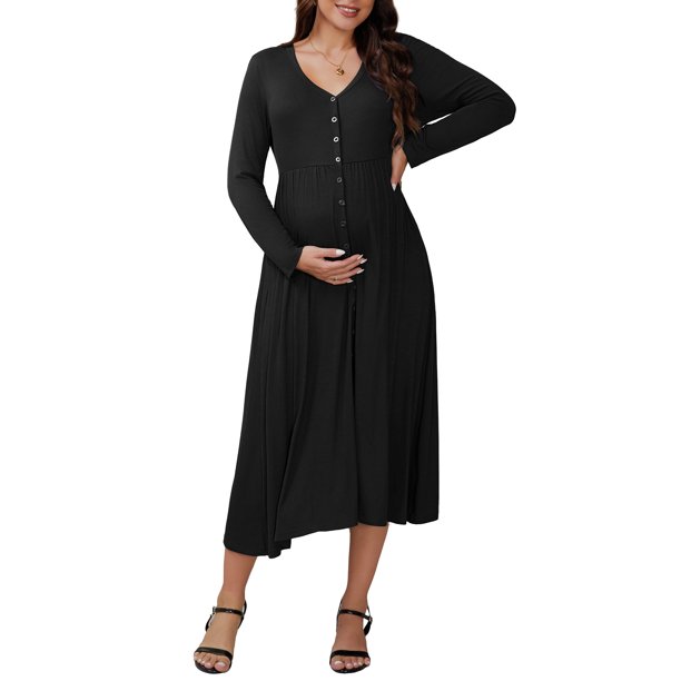 INSPIRE CHIC Vestidos de Maternidad para Mujeres Botón Plisado Tejido Manga Larga Sesión de Fotos Embarazo Vestido Maxi 2XL Negro