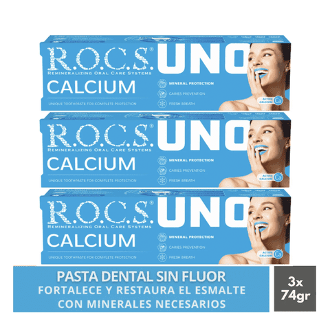 Pack 3 Pasta Dental Anti Caries Rocs Uno Calcium 74G Sin Fluor
