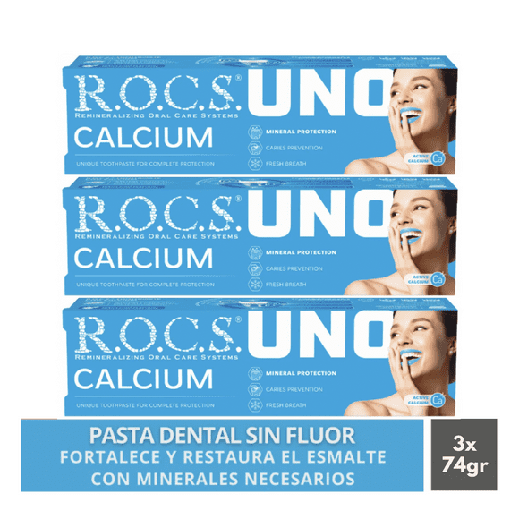 Pack 3 Pasta Dental Anti Caries Rocs Uno Calcium 74g Sin Fluor