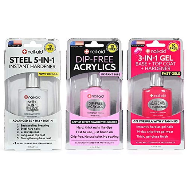 Endurecedor de acero Nail-Aid, paquete de 3, acrílicos sin inmersión y capa superior en gel