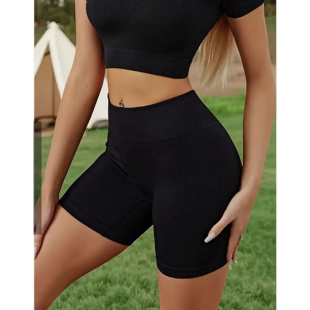 Calza Corta Acanalada Mujer Verano Tiro Alto Yoga Gym 8007