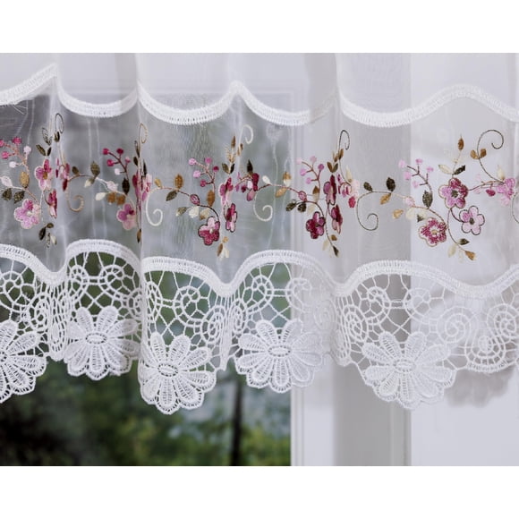 Cortina Valance Today's Vintage Macramé Organza 14, color blanco y rosa