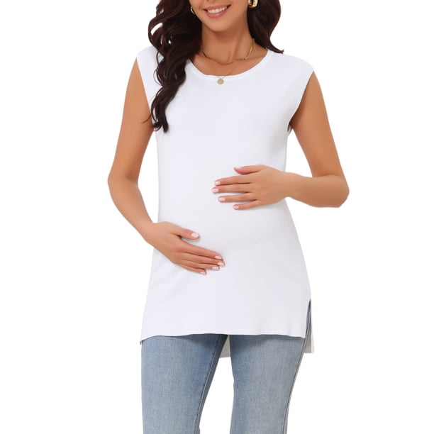 INSPIRE CHIC Camiseta de Primavera para Mujeres Embarazadas del Día de la Madre, Manga Corta, Suéter Básico de Punto Acanalado, Ajustado, Casual, 2026 XL Blanco