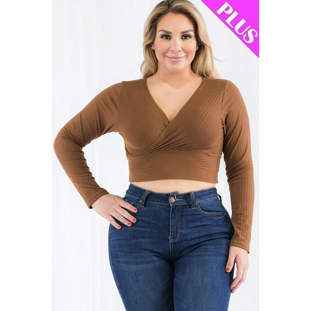 Top de Manga Larga Acanalado de Talla Grande con Diseño Frontal Cruzado
