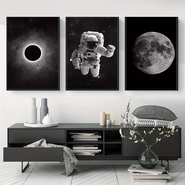 3pcs Black And White Outer Space Creative Landscape Canvas Wall Art, Home Decor, Frameless 12"x8", 17"x12"