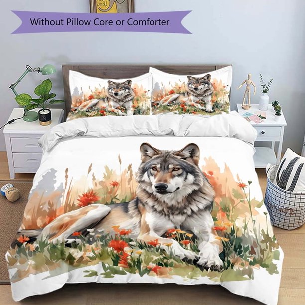 bedding Featuring a Wild Wolf Design Among Autumn Wildflowers (Includes 1 Duvet Cover And 2 Pillowcases Inserts Not Included) This Printed Bedding Is Soft And C