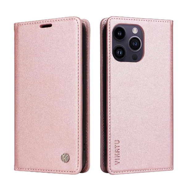 Funda Billetera de Cuero para iPhone 15 Pro Max con Tarjetero y Soporte - Tapa Magnética Rosa
