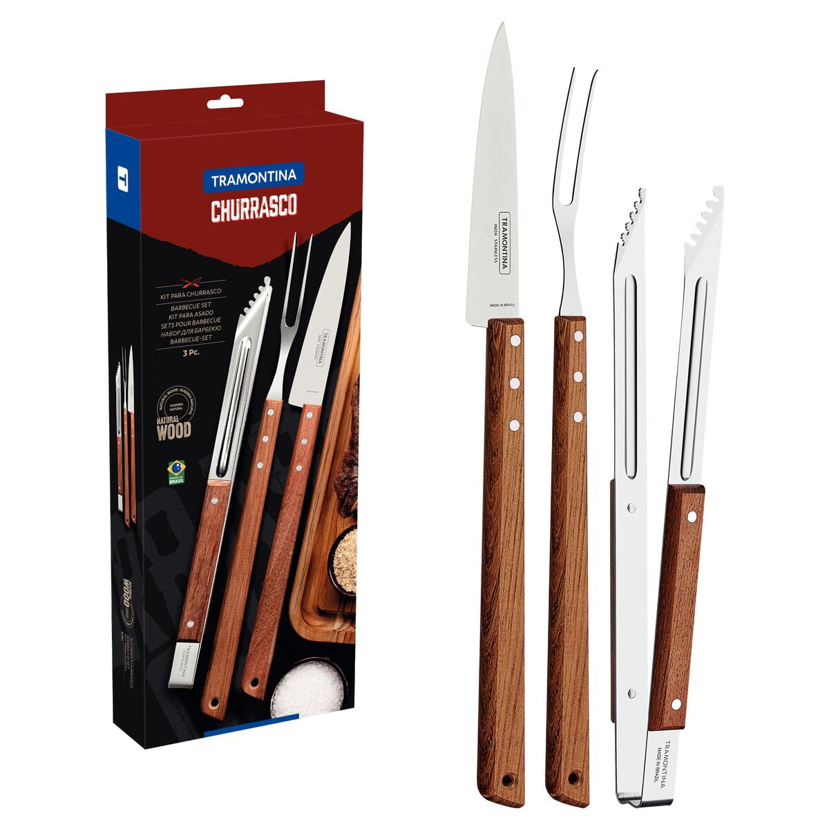 Kit Para Asado Tramontina De Acero Inoxidable Y Madera Con Pinza, 3 Piezas.
