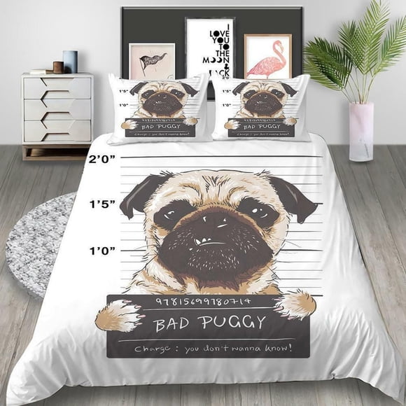 Cute Pet Dog Pug Kids Quilt Duvet Cover Set Pillowcase3-Piece Bedding Set