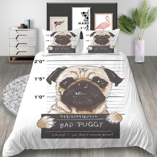 Cute Pet Dog Pug Kids Quilt Duvet Cover Set Pillowcase3-Piece Bedding Set