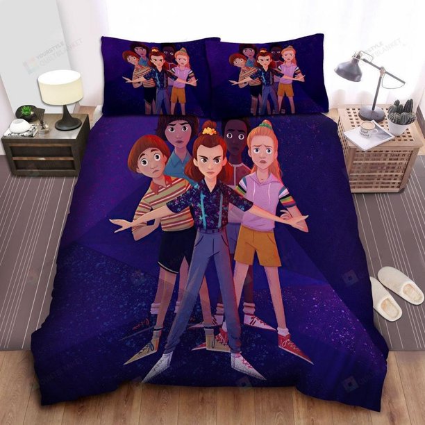 Stranger Things The Party In Cartoon Illustration Quilt Duvet Cover Set3-Piece Bedding Set (1 Duvet Cover + 2 Pillow Shams)