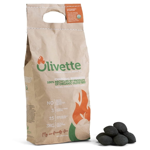 Briquetas de carbón vegetal orgánico Olivette, bolsa de 3 kg para asador