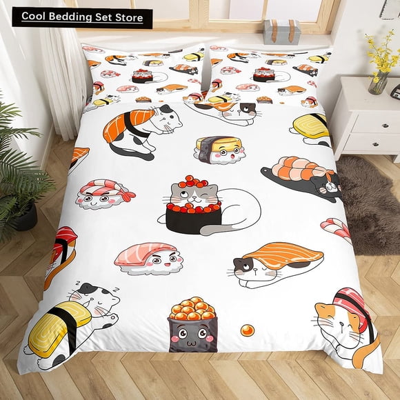 Japanese Sushi Duvet Cover Little Cat Bedding Set Novelty Cartoon Pet Animal Japan Food White Polyester Quilt Cover Bed Sheets