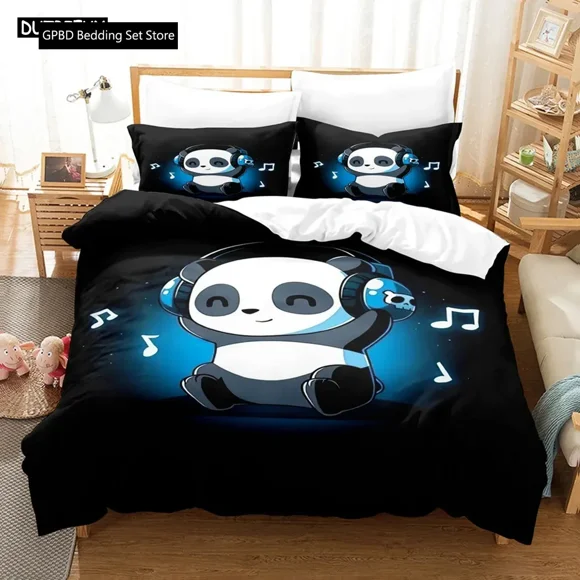 Cartoon Chinese Panda Bedding Set Soft Microfiber Double Duvet Cover Kids Girls Room Decor White Bed Linen