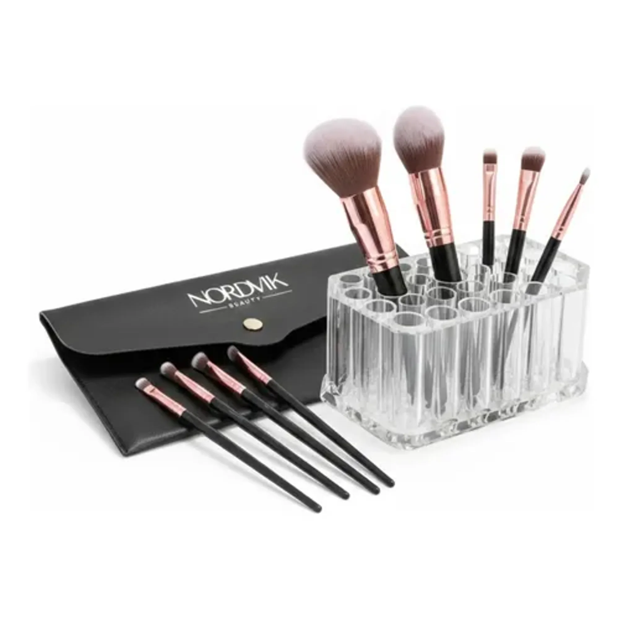 Marca - Pack Brochas Maquillaje Profesional + Organizador Acrílico Negro