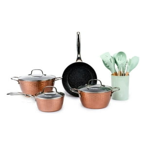 Kit Batería Cocina 7 Pza + Set 12 Utensilios Calipso Simplit Dorado