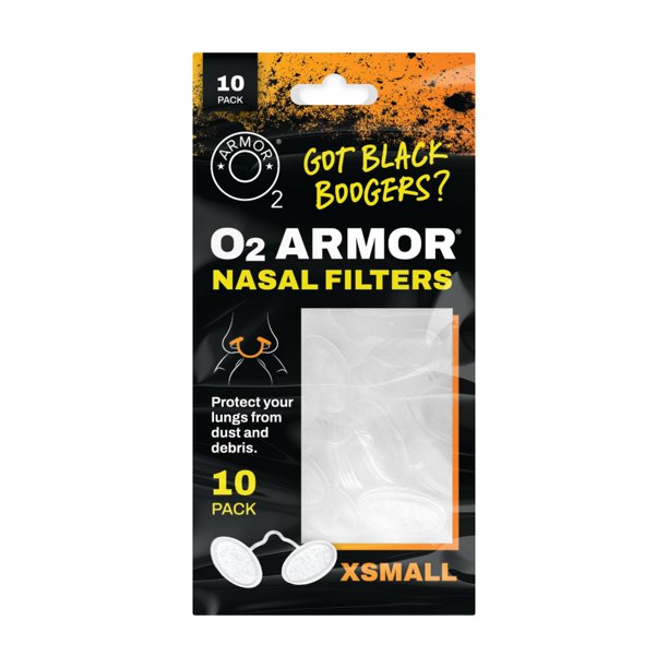 Filtros nasales O2 Armor para soldadores y alergias - filtro nasal para polvo - filtros nasales para soldadura - mascarilla nasal para polvo de construcción (paquete de 10, talla extra pequeña)