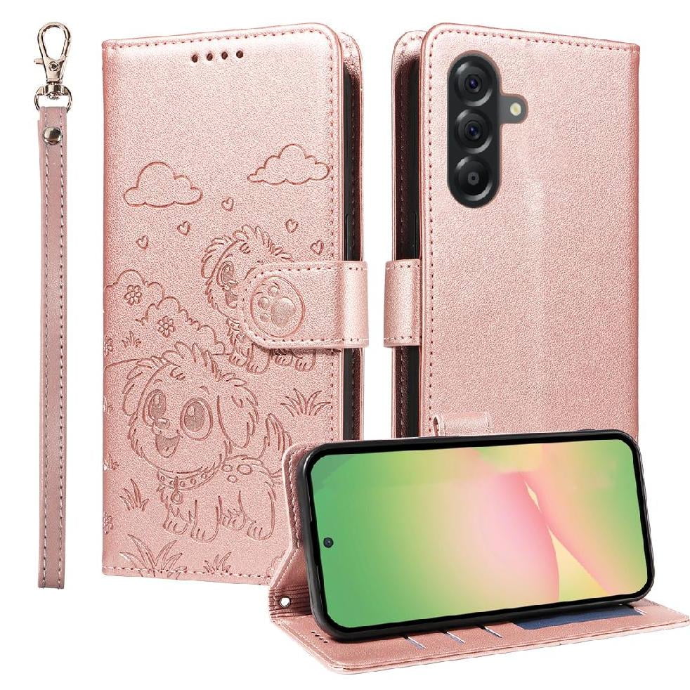 Foxdock - Funda Cartera Para Samsung Galaxy A56 5g Perro Cachorro Grabado Con Tarjetas Soporte Correa Rosa
