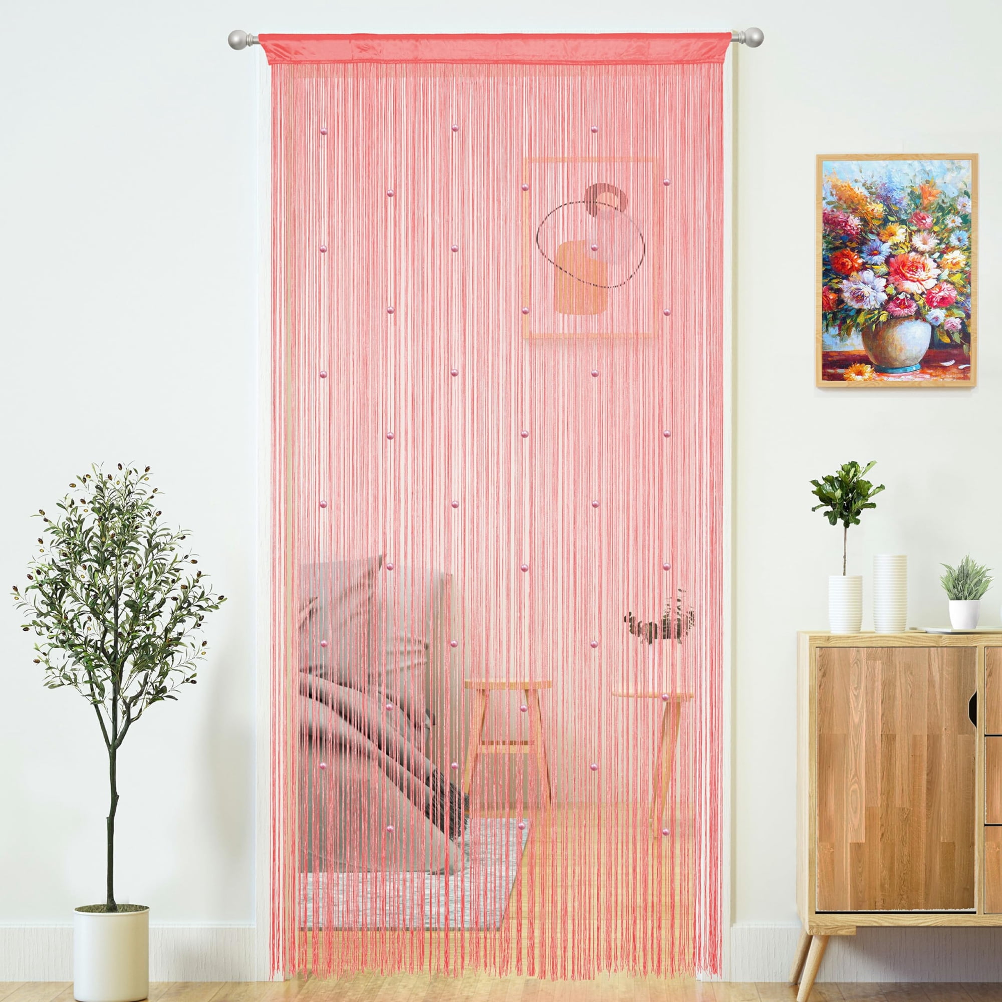 Cortina Yaoyue Con Cordón Con Borlas Rosas, 100 X 200 Cm