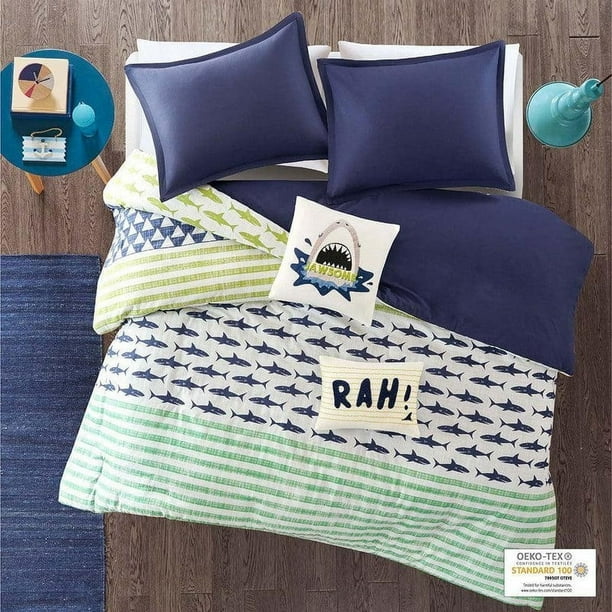 Finn Twin Juego De Funda Nórdica De Algodón Tiburón Verde Y Azul Marino