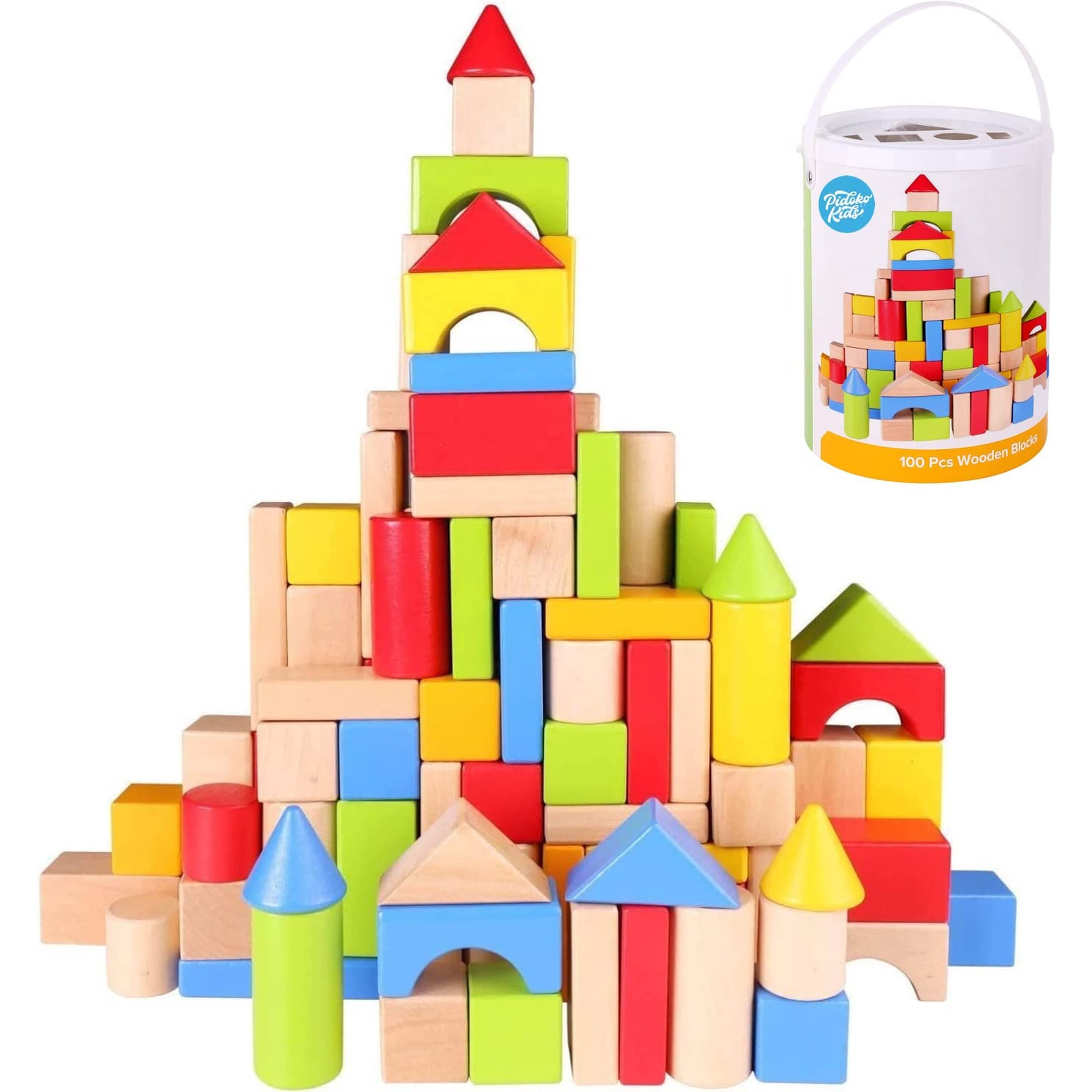 Bloques De Construcción Pidoko Kids De Madera, 100 Unidades Con Almacenamiento