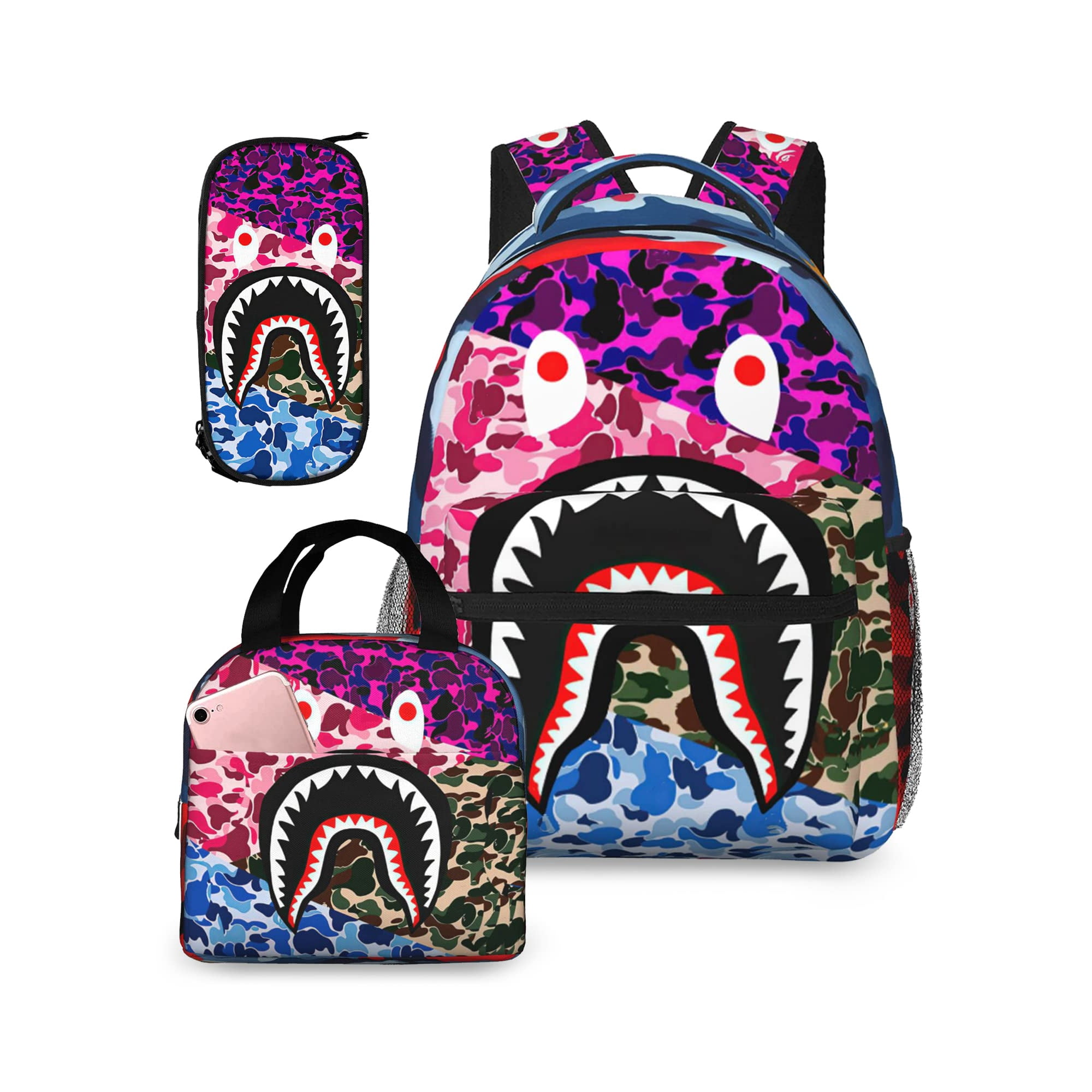 Mochila Ybygbb Con Dientes De Tiburón, Camuflaje, Con Lonchera, Estuche Para Lápices, Portátil De Viaje, Mochila De Gran Capacidad, Mochila Moderna Y Duradera, Multicolor