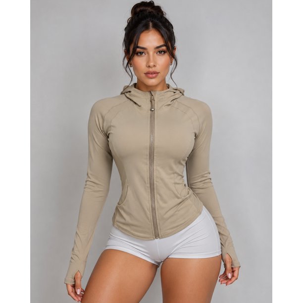 Chaqueta Deportiva Mujer Ajustada con Capucha, Cierre Completo y Bolsillos