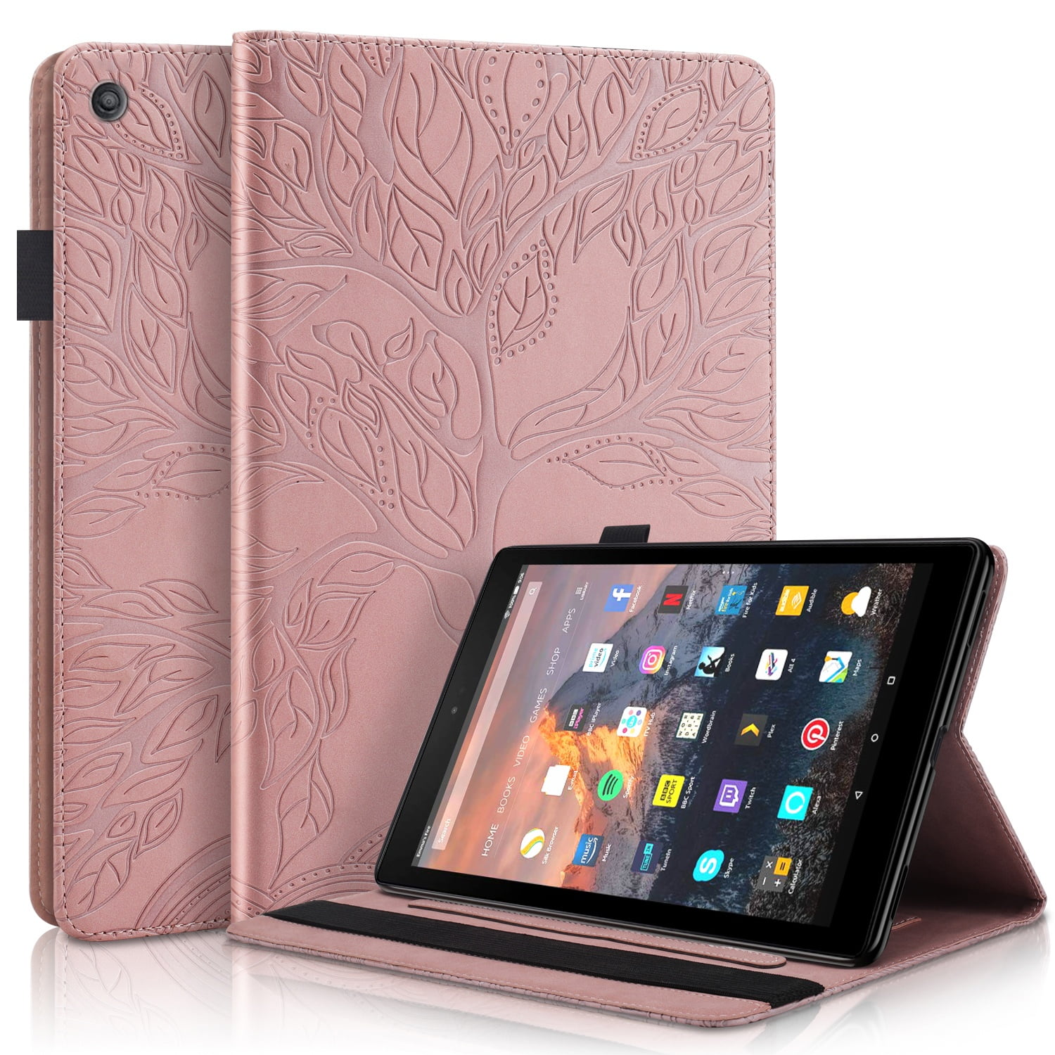 Foxdock - Funda Con Relieve Del Árbol De La Vida Para Tablet Fire Hd10(2017) Con Soporte, Ranuras Para Tarjetas Y Soporte Para Lápiz Óptico. Oro