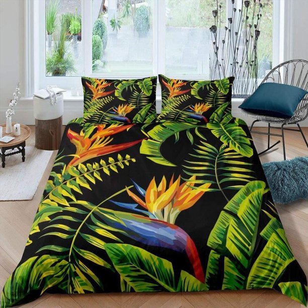 Tropical Plant Leaves Black Quilt Duvet Cover Set Kids Home Textiles Double Soft3-Piece Bedding Set