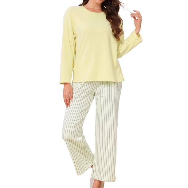 INSPIRE CHIC Conjunto de Pijama Térmico para Mujeres Conjunto de 2 Piezas de Peso Pesado Conjunto de Salón Cálido Parte Superior y Pantalones de Manga Larga 2026 Otoño Invierno S Amarillo a Rayas