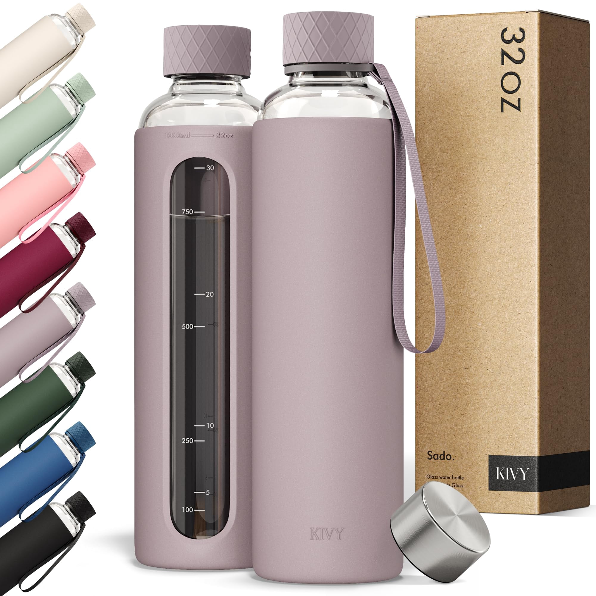 Botella De Agua Kivy De Vidrio Borosilicato De 950 Ml Con Funda De Silicona
