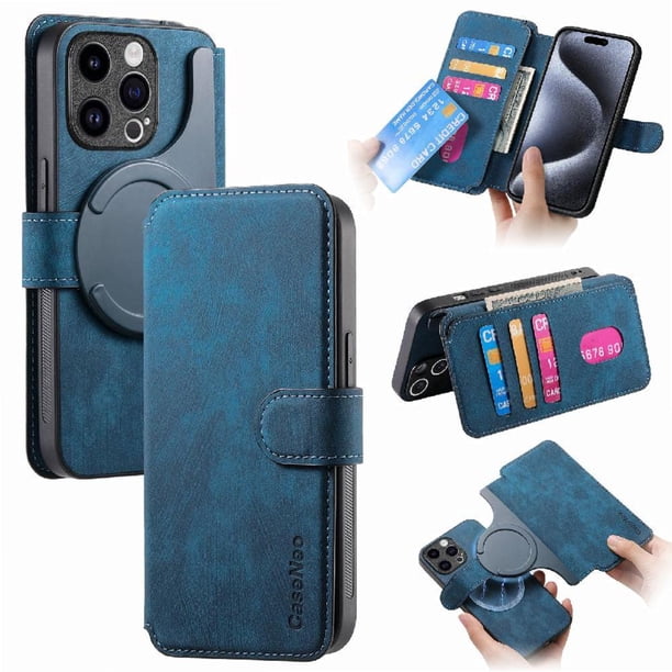 Funda Billetera Magnética para iPhone 15 Pro Soporte Tarjetas Desmontable Azul