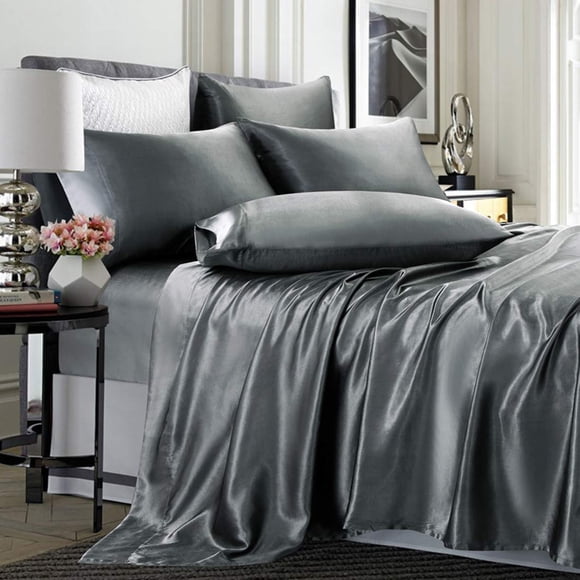 Juego de sábanas TREELY Satin de 6 piezas, tamaño king, gris