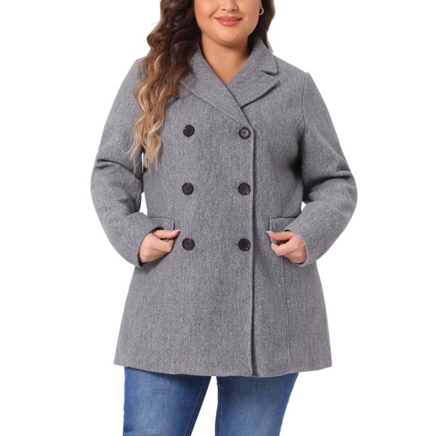 Abrigo largo de doble botonadura con solapa dentada para mujer de talla grande Agnes Orinda para un invierno elegante 3X Gris