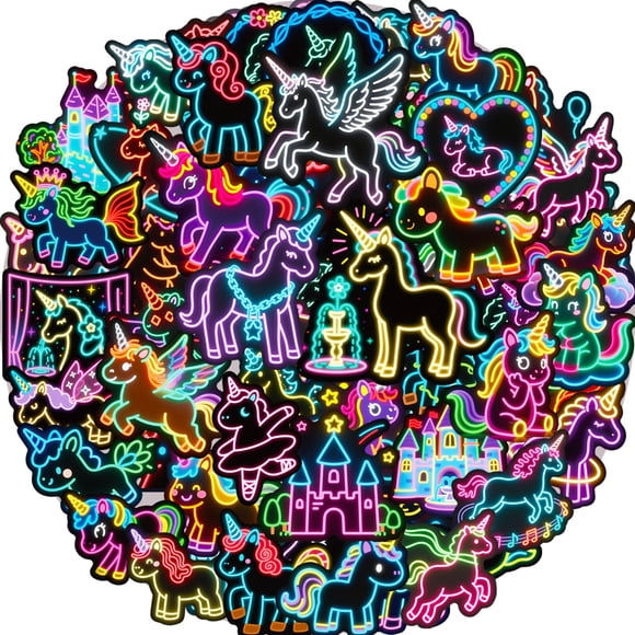 Paquete De Stickers De 56 Piezas Unicornios Neón Vinilo Impermeable