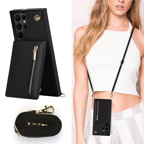 Crossbody Wallet Case Case For Samsung Galaxy S23 S22 Plus Note 20 Ultra With Card Slot Holder, Magnetic Flip Folio Purse Case, PU Leather Zipper Handbag With Detachable Lanyard Strap