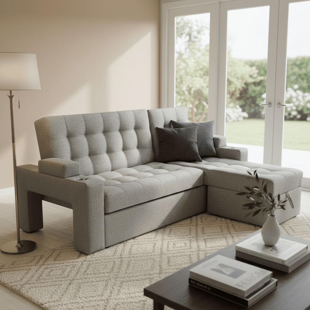 Camila Home - Sofá Cama En L Gris Oscuro 3 Plazas Con Baúl Y Puffs 200 Cm