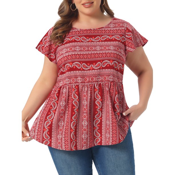 Agnes Orinda Blusa de Talla Grande para Mujeres Escuela Universidad Boho Estampado Floral Cuello Redondo Mangas con Volantes Camisas 1X Burdeos