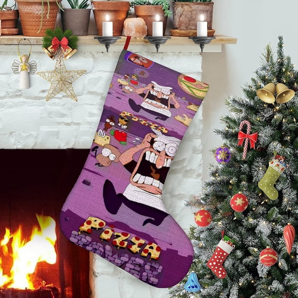 Torre de Pizza Tema: Calcetines de Navidad, fino lino blanco para colgar en escaleras y chimenea, decoración navideña para el hogar, regalo de Navidad. 45cm × 32cm