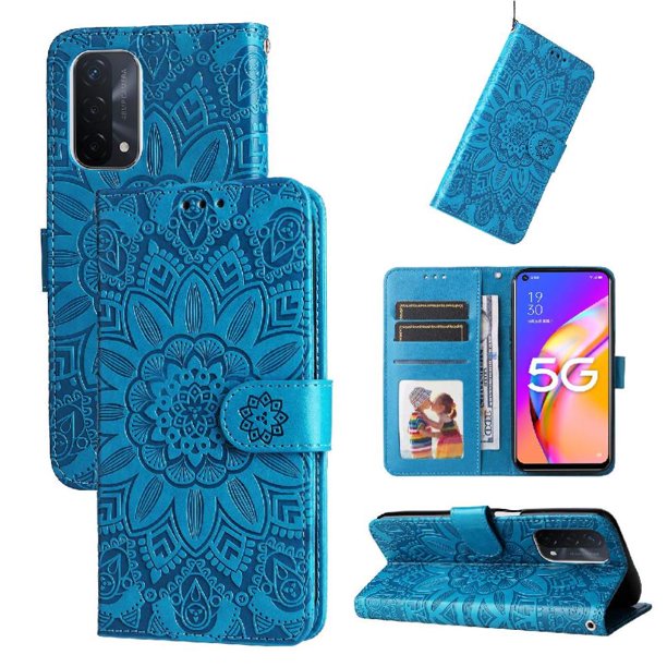 Funda tipo cartera FOXDOCK para OnePlus Nord N200 , diseño girasol en relieve, cuero PU, cierre magnético, soporte y tarjetero