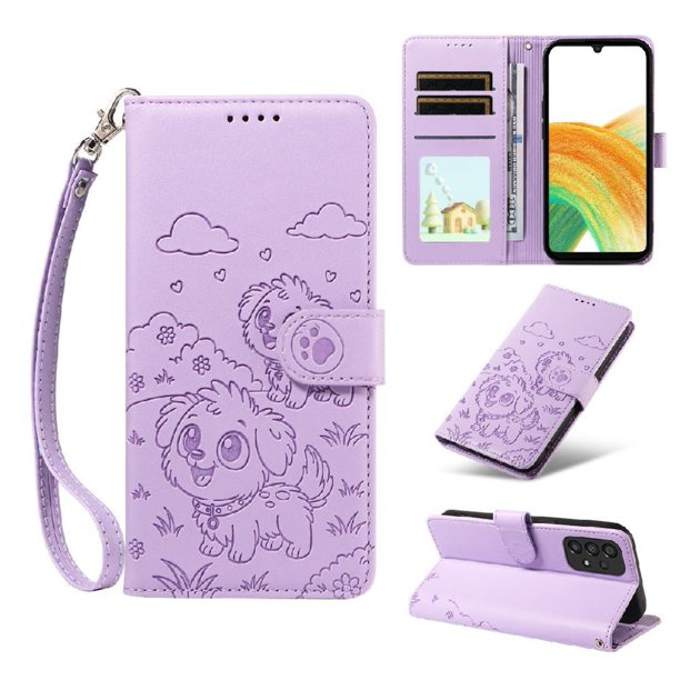 Funda Cartera para Samsung Galaxy A33 5G Perro Cachorro Grabado con Tarjetas Soporte Correa Morado
