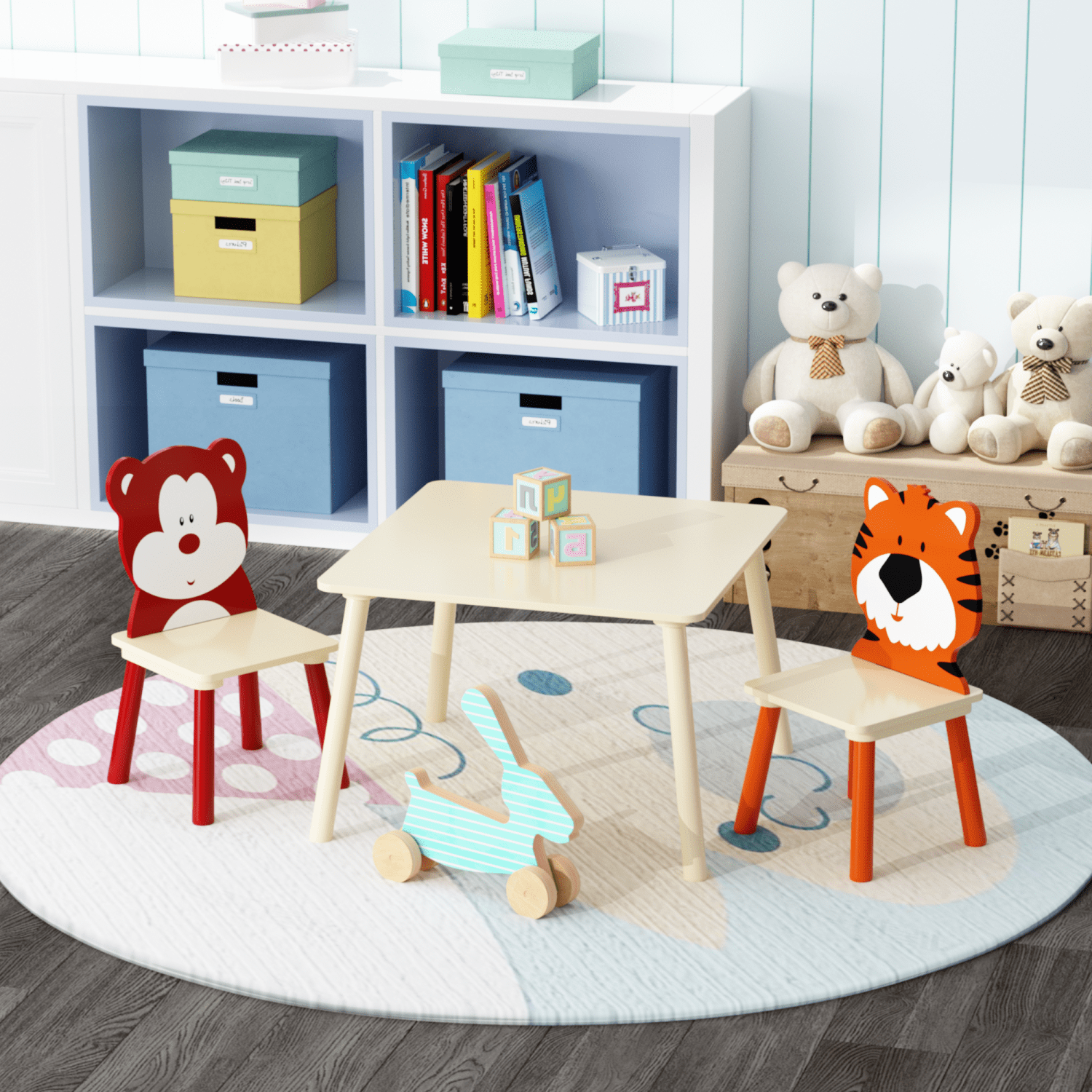 M&ms - Kids Table And 2 Chairs Set, 3 Pieces Toddler Table And Chair Set, Wooden Activity Play Table Set (bear&tiger)