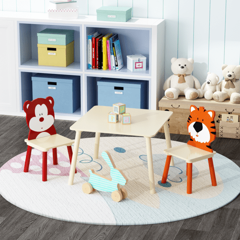 M&Ms - Kids Table And 2 Chairs Set, 3 Pieces Toddler Table And Chair Set, Wooden Activity Play Table Set (Bear&Tiger)