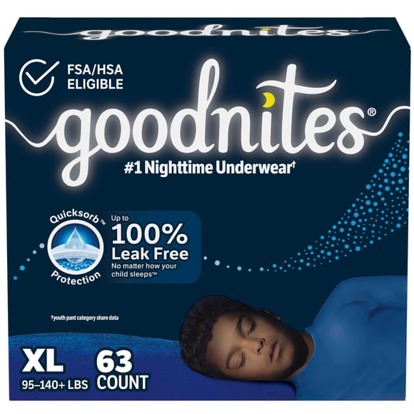 Ropa interior GoodNites para mojar la cama por la noche para niños, XL, 63 unidades