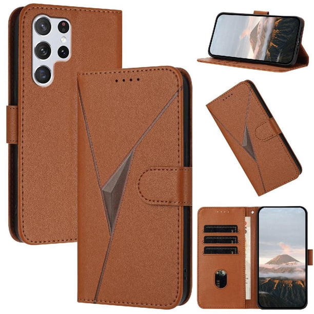 Funda Cartera Fibra de Carbono para Samsung Galaxy S22 Ultra con Soporte y Cierre Magnético Marrón