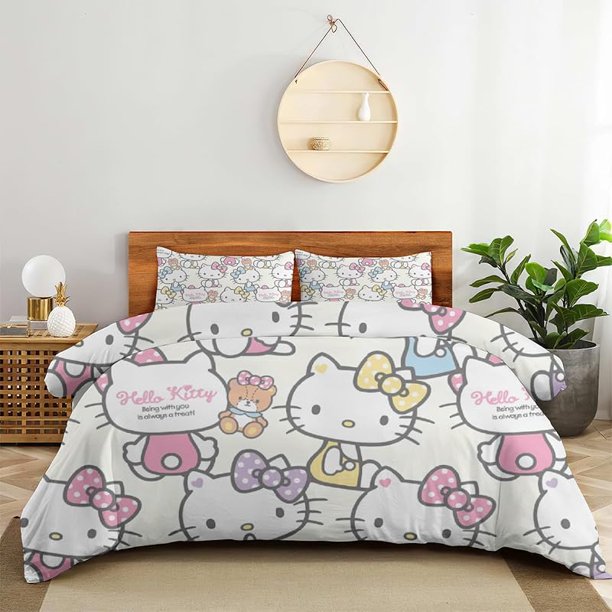 Cartoon Kitten 3-Piece Bed Set Warm and Comfortable Kawaii Bedding Set Cute Soft Microfiber Bedclothes for Boys Girls Kids